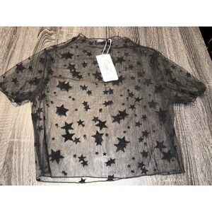 Elia Cher Black Star Mesh Sheer Top NEW Size Medium Festival Y2K Aesthetic